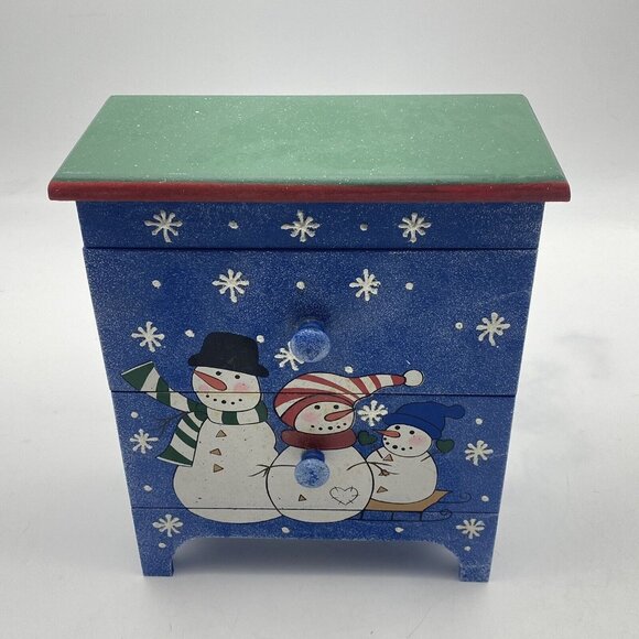 Christmas Winter Snowman Jewelry Box Trinket‎ Storage 2 Drawer Wood Chest Blue - Picture 2 of 11